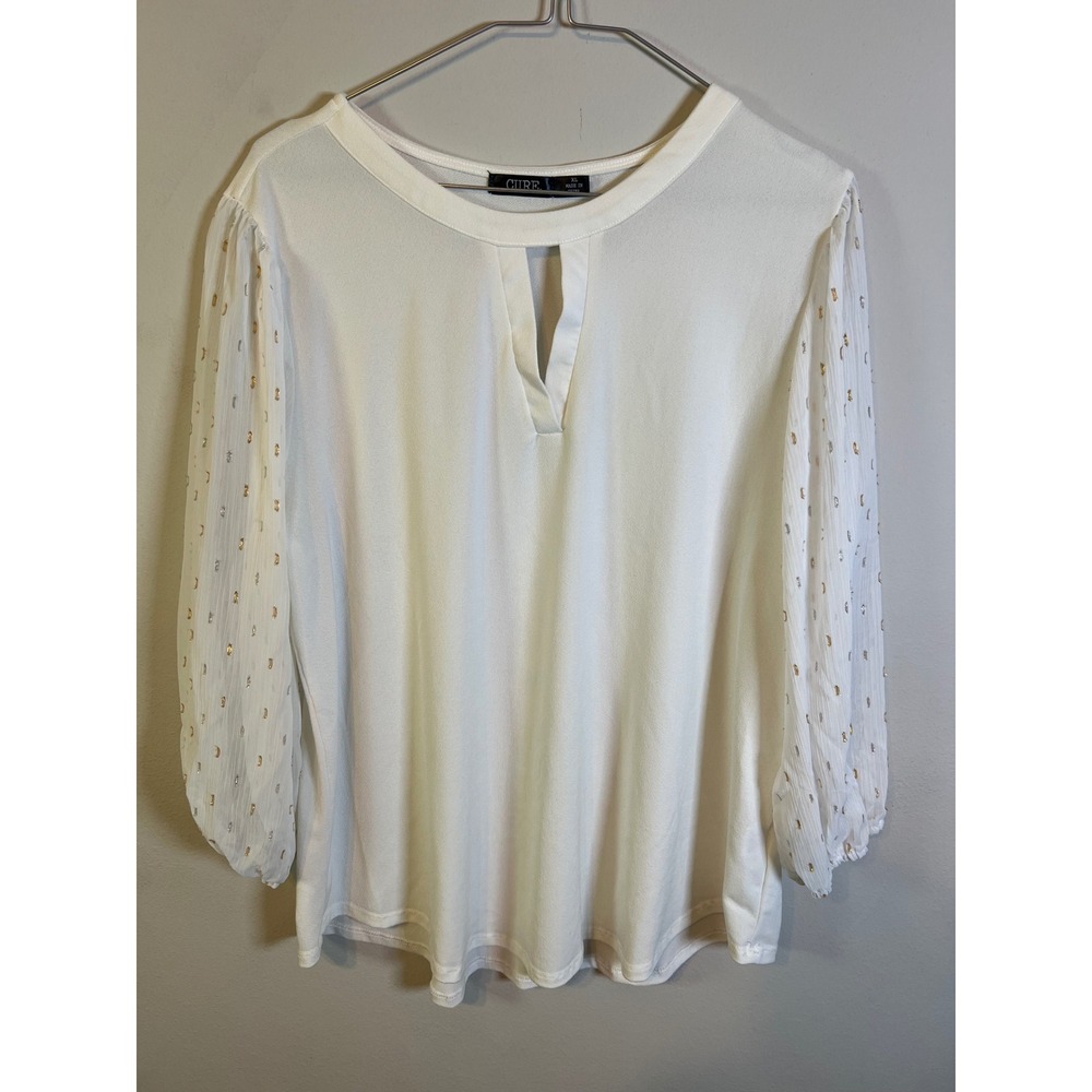 CURE. Womens Top Metallic Dot Sheer‎ Sleeve White XL